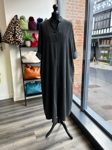 V Neck Needlecord Maxi Dress - Charcoal