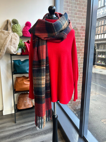 Checked Tassel Scarf - Red