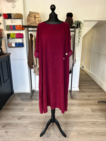 Needlecord Button Dress - Wine