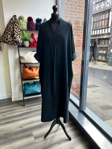 V Neck Needlecord Maxi Dress - Black