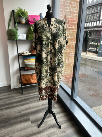 V Neck Floral Dress - Khaki