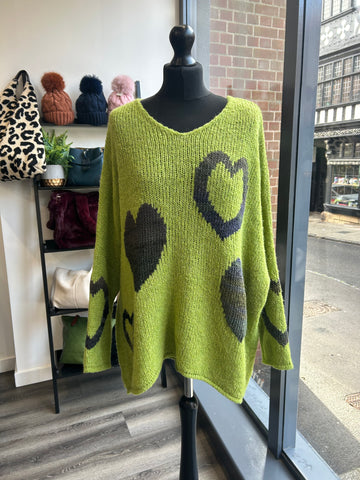 Oversize Dipped Back Heart Jumper - Lime