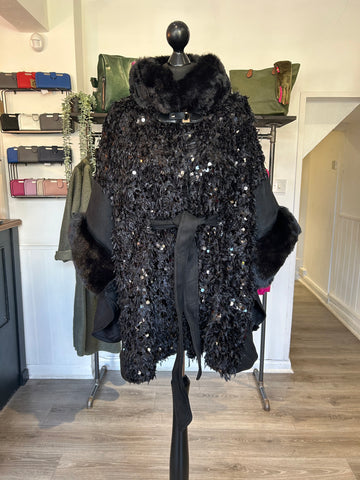 Faux Fur Sequin Cape - Black