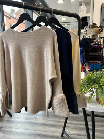 Faux Fur Cuffed Knit Jumper