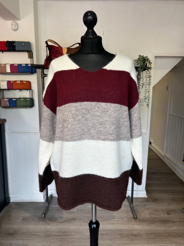 Wool Blend Colour Block Jumper - Wine