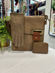 Taupe Crossbody Bag, Leather Card Purse & Gloves