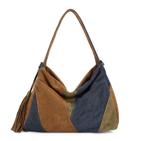 Faux Suede Shoulder Bag - Blue/Tan