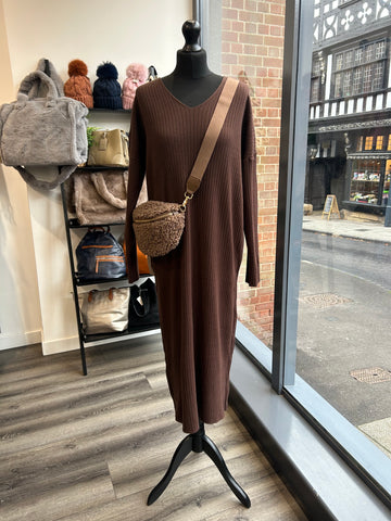 V Neck Knit Dress - Chocolate