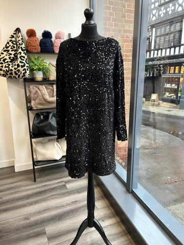 Velvet Sequin Bow Dress - Black
