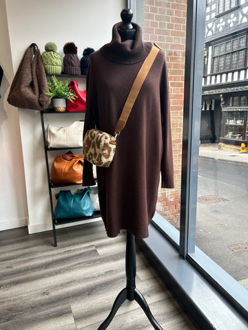 Cowl Neck Jumper Dress - Chocolate