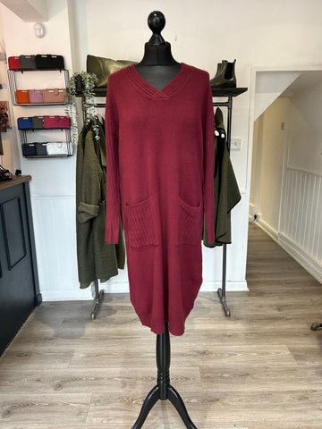 V Neck Knit Dress - Wine