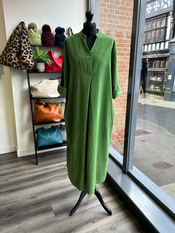 V Neck Needlecord Maxi Dress - Green