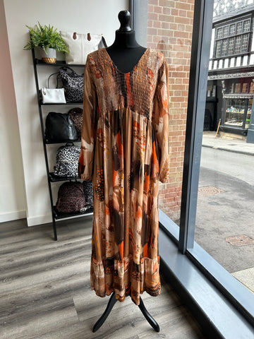 V Neck Shirred Bust Dress - Camel