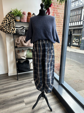 Checked Balloon Leg Trousers - Navy