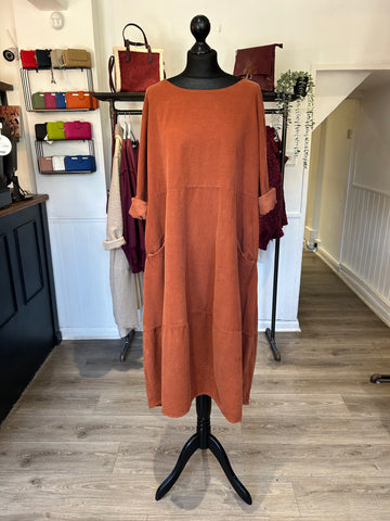 Needlecord Smock Dress - Burnt Orange