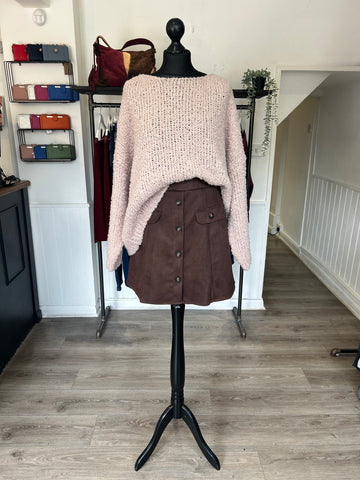 Suedette A Line Button Skirt - Chocolate