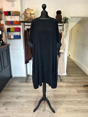 Needlecord Midi Smock Dress - Black
