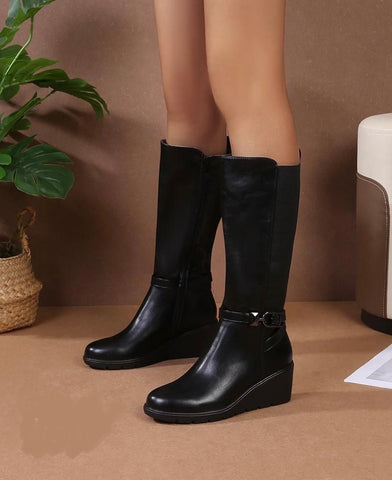 Knee High Wedge Boots - Black