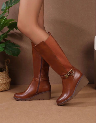 Knee High Wedge Boots - Tan