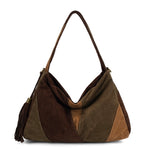 Faux Suede Shoulder Bag - Khaki/Chocolate