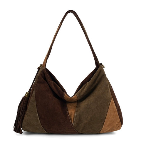 Faux Suede Shoulder Bag - Khaki/Chocolate