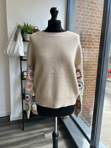 Crochet Sleeve Ribbed Knit - Oatmeal