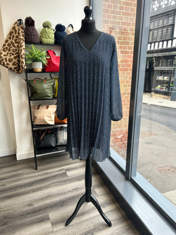 Pleated Polka Dot Dress - Navy