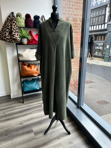 V Neck Needlecord Maxi Dress - Khaki