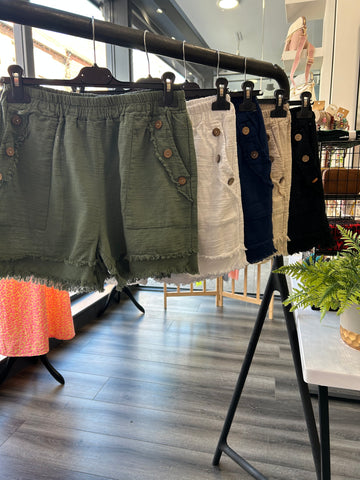 Linen Blend Button Frayed Shorts