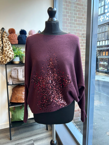 Sequin Star Batwing Jumper - Burgundy