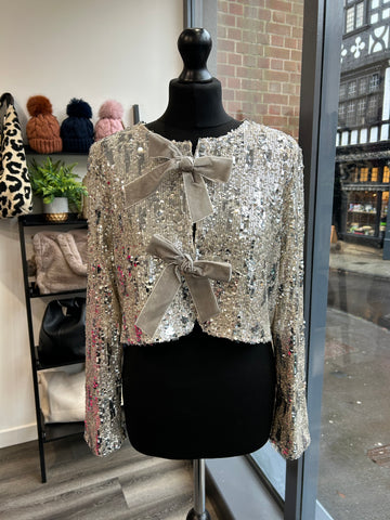 Cropped Sequin Bow Jacket/Top - Silver