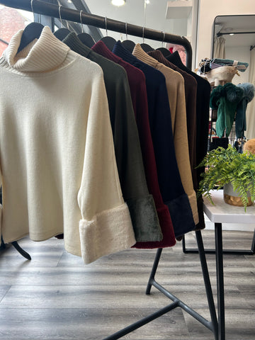 Faux Fur Sleeve Roll Neck Jumper