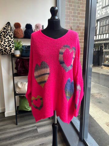 Oversize Dipped Back Heart Jumper - Hot Pink