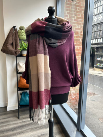 Checked Wool/Cashmere Blend Scarf - Berry