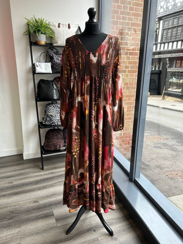 V Neck Shirred Bust Dress - Chocolate