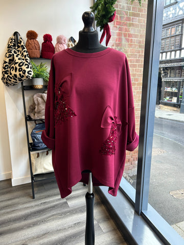 Sweatshirt Sparkle Bow Top - Berry