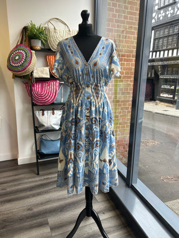 V Neck Midi Dress - Blue