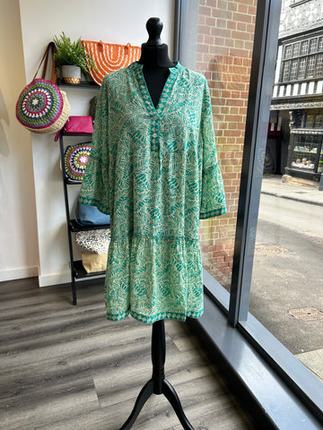 Indian Cotton Smock Dress - Spearmint