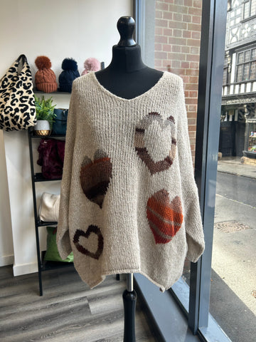 Oversize Dipped Back Heart Jumper - Oatmeal