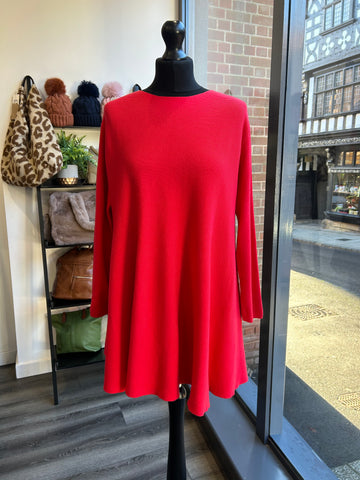 Longline Ribbed Knit Swing Jumper - Red