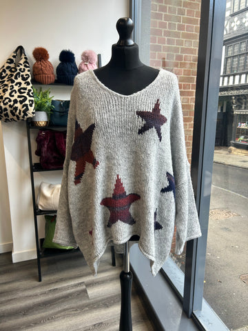 Oversize V Neck Slouchy Star Jumper - Dove Grey