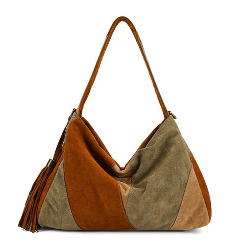 Faux Suede Shoulder Bag - Sage/Tan