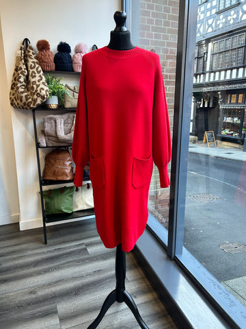 2 Pocket Knit Dress - Red