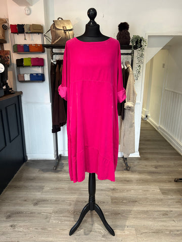 Needlecord Midi Smock Dress - Hot Pink