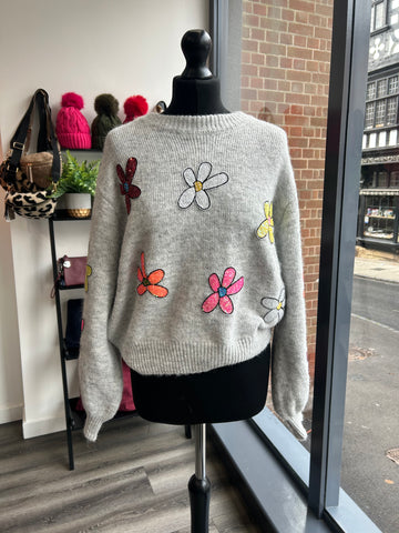 Sequin Daisy Jumper - Grey