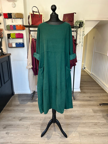Needlecord Smock Dress - Forest Green