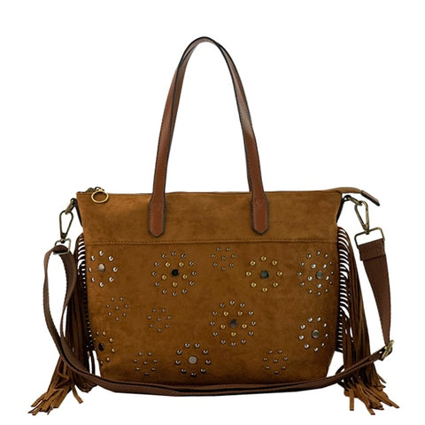 Faux Suede Tassel Bag - Tan