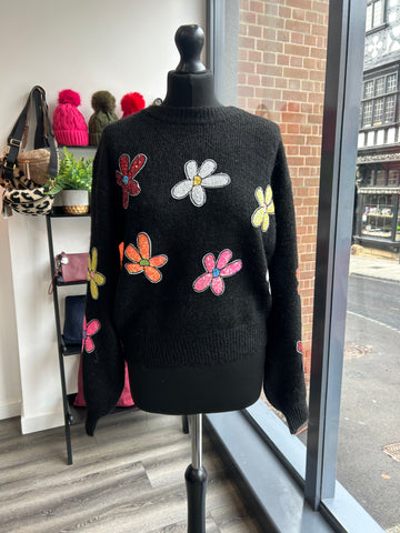 Sequin Daisy Jumper - Black