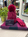 Magenta Checked Scarf, Gloves, Bobble Hat & Purse