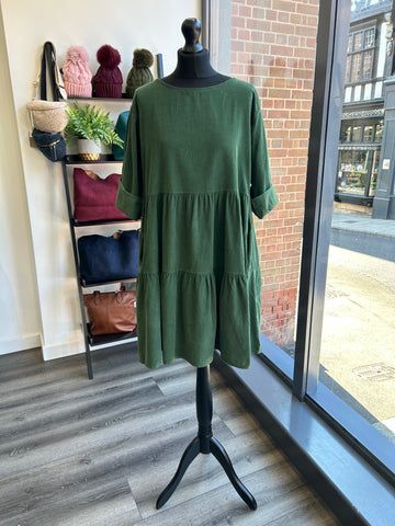 Needlecord Smock Dress - Forest Green